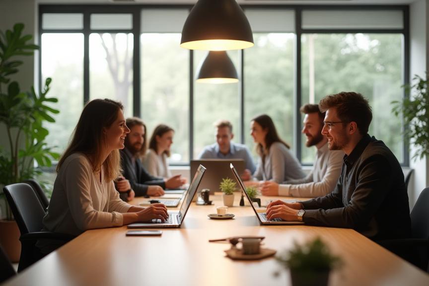 The GreenRender Studios team collaborating in a bright, modern office