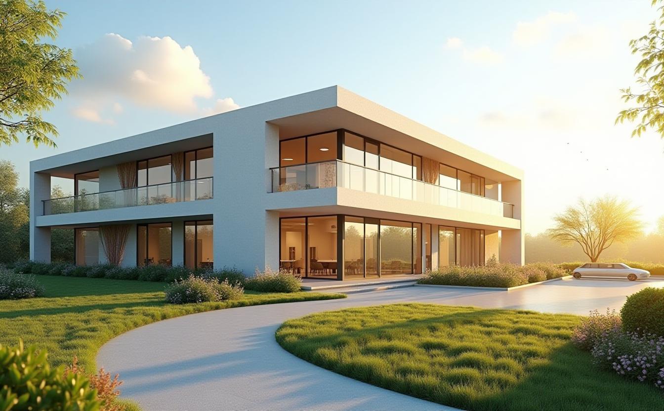 A modern, sunlit building visualized in photorealistic 3D render
