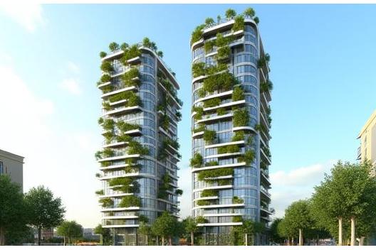 3D render of Dublin Eco-Towers with sustainable green facades