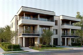 A lifelike 3D render of a modern residential building