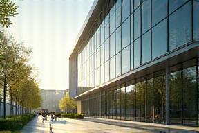 A still frame from a 3D animation of an office building exterior